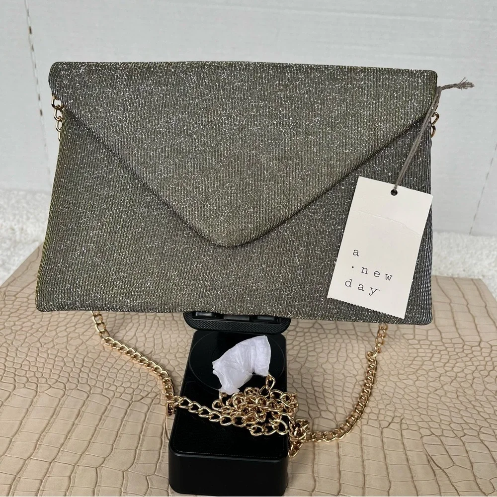 A New Day Women's Grayish Silver Glitter Clutch Bag with Gold Color Chain Strap